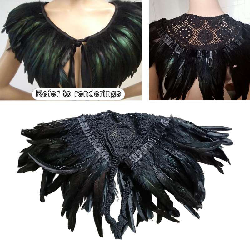 Aircoo Black Green Feather Hand Made Collar Cape Shawls Wrap for Halloween Party Evening Dress DIY Wrap Costume Play Decoration 