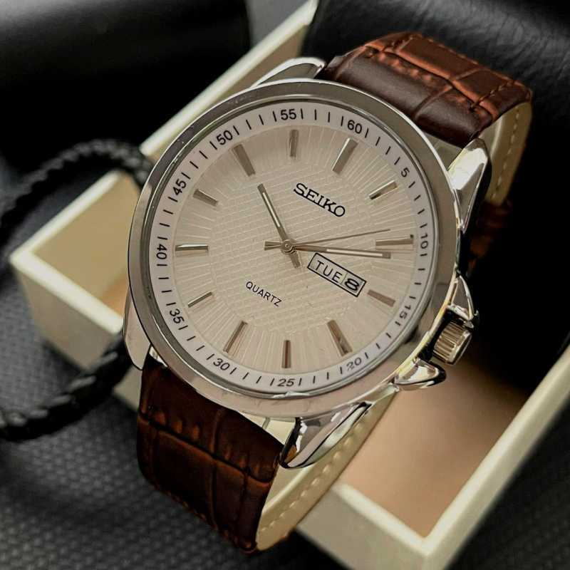 Jual Jam tangan Seiko Tanggal Hari aktif Tali kulit 40mm Free