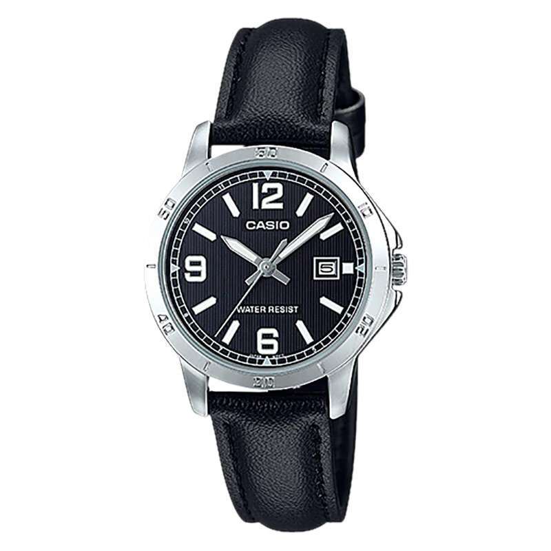 Casio LTP-V004L-1BUDF Ladies Black Dial Black Leather Strap [Machtwatch]