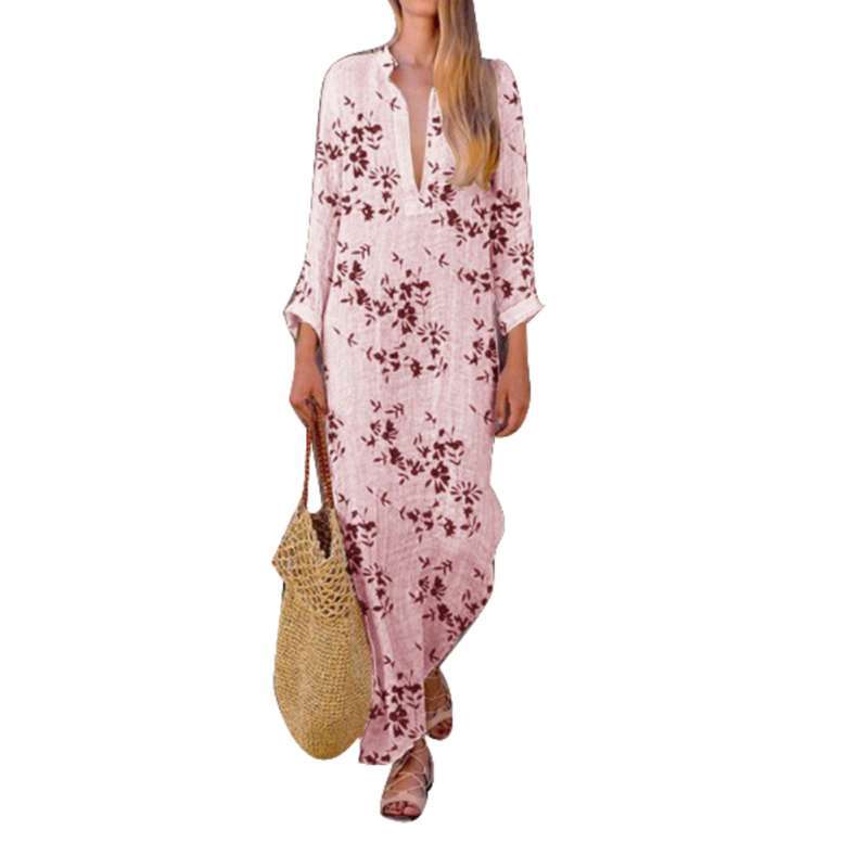 V Neck Long Sleeve Loose Maxi Dress 