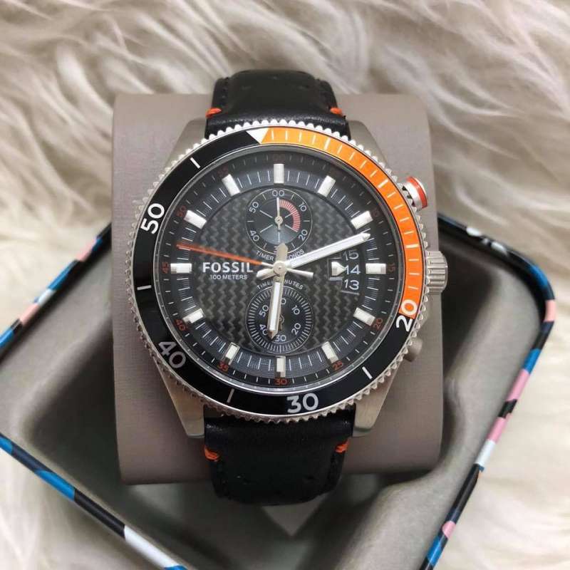 Promo Fossil CH2953 Hitam orange Jam 