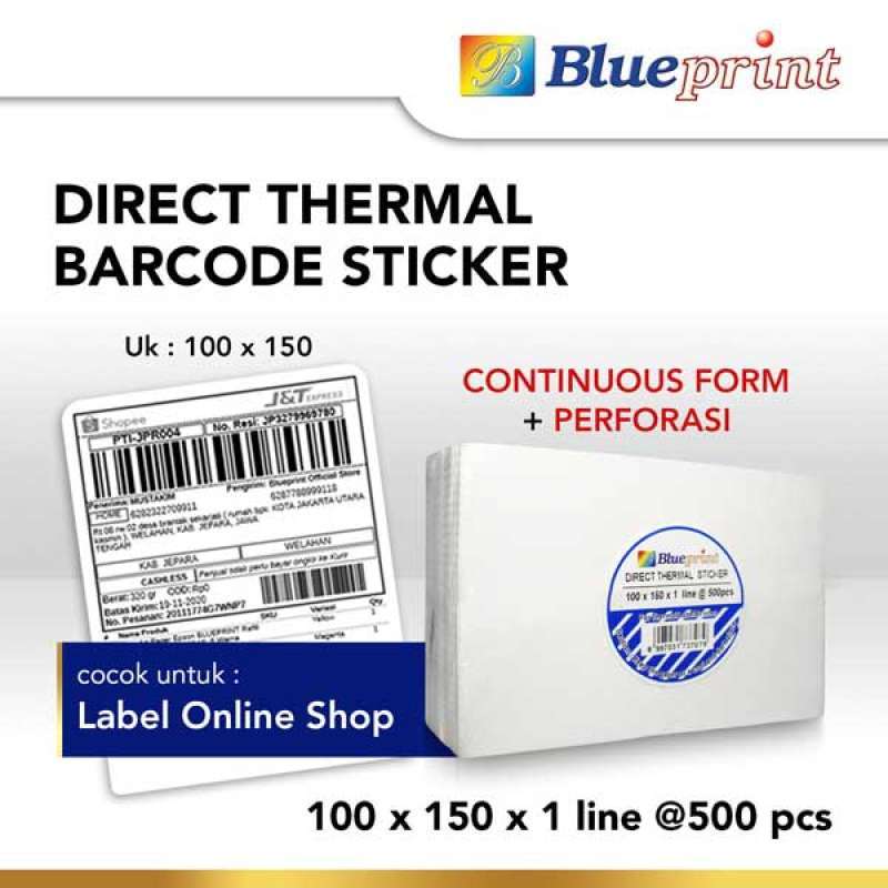 Sticker Label Direct Thermal BLUEPRINT 100x150 mm @500Pcs Continuous Form  (3 Pack