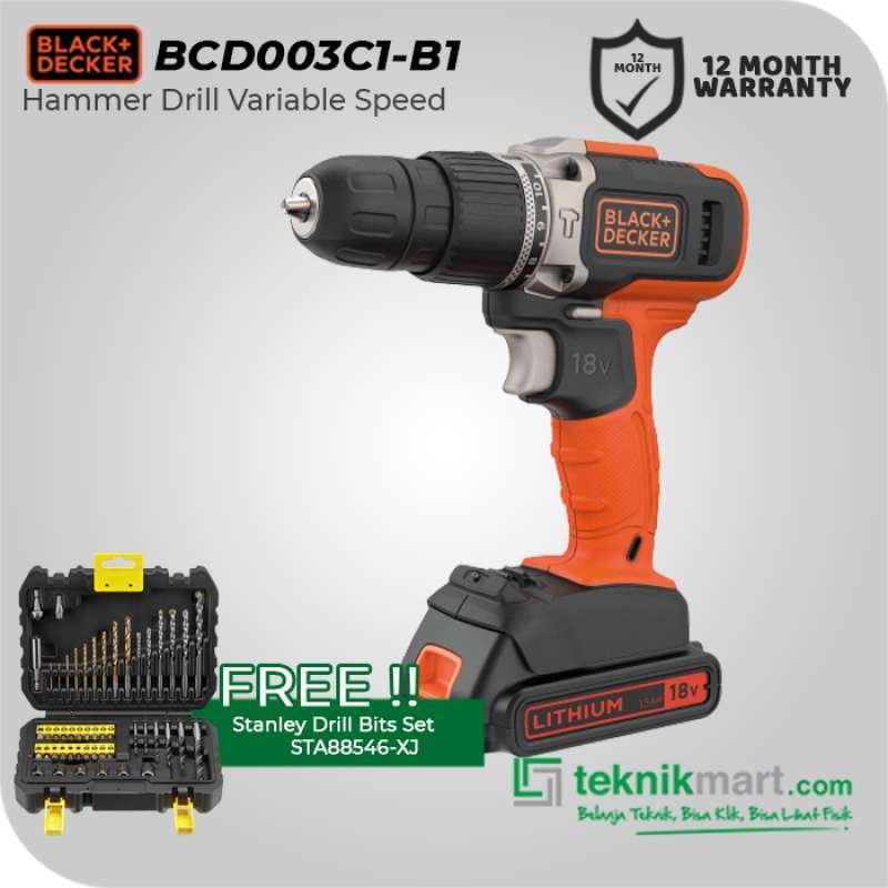 Black Decker Cordless Hammer Dril Bor Impact 18volt BCD003C1