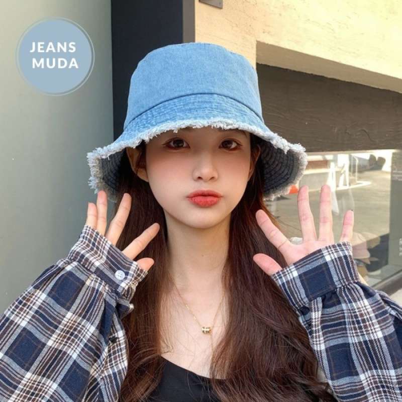 Topi Bucket Hat Jeans Cowok Cewek Korea 