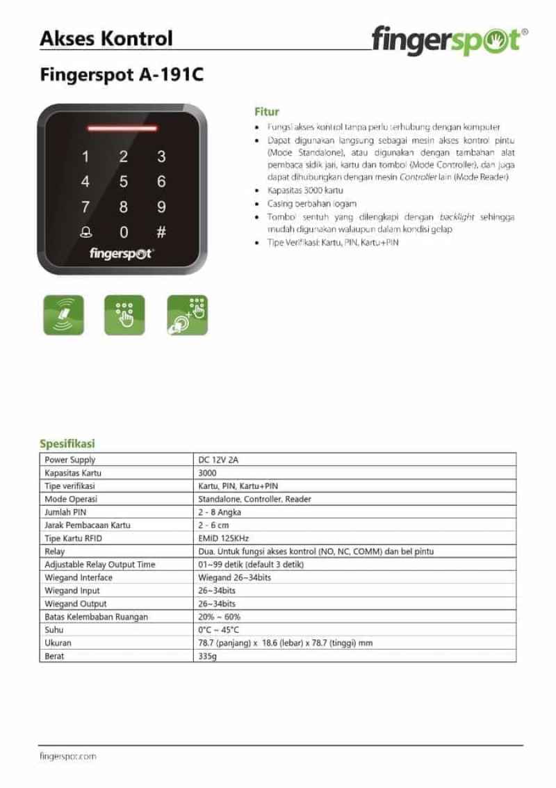 fingerspot a 191c mesin akses kontrol access door pin kartu