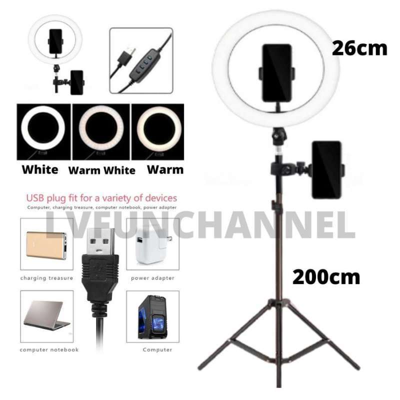 Ring Light Murah LED 26cm Holder Handphone Tripod 200cm Dimmable