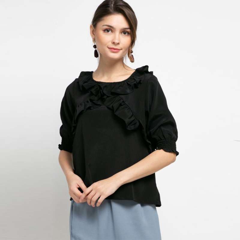 Black ruffle blouse short sleeve Clearance