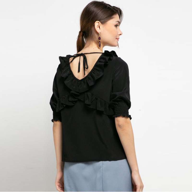 Black ruffle blouse short sleeve Clearance