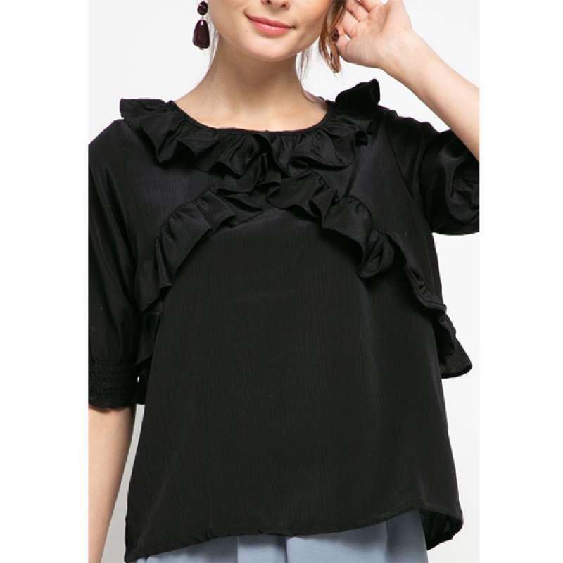 Black ruffle blouse short sleeve Clearance