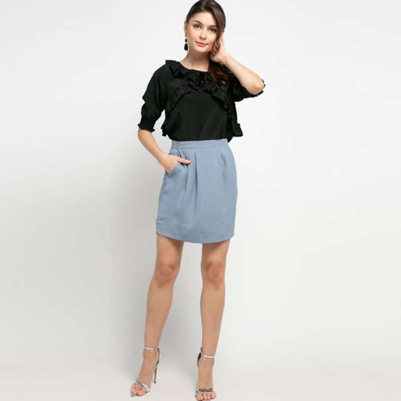 Ruffle Blouse Short Sleeve - XL BLACK 