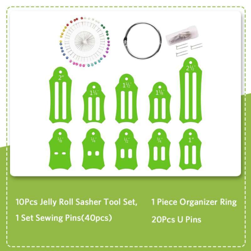 10Pcs Jelly Roll Sasher Tool Set Green Multi-Sizes Sasher for Folding Fabric and Biasing Strips Come with 40Pcs Multi-Color Quilting Pins 20Pcs Sewing Clips and 1Pcs Storage Chain 