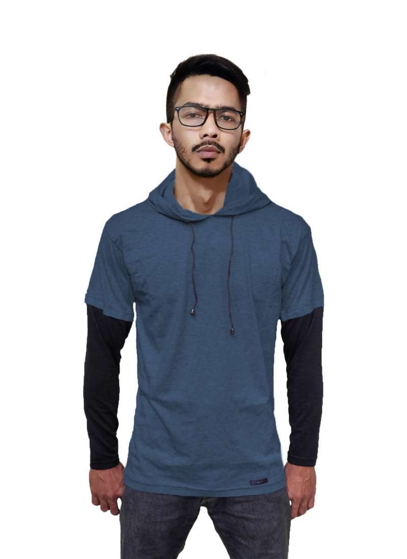 Jual Kaos Hoodie polos double layer tangan panjang - XL Navy+Hitam