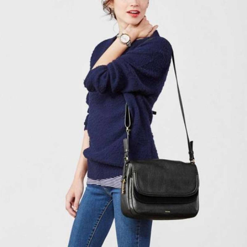 Jual Fossil Peyton Large Double Flap Crossbody Black Leather