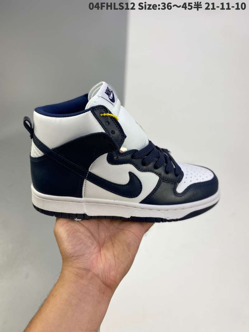 navy blue and white high top dunks
