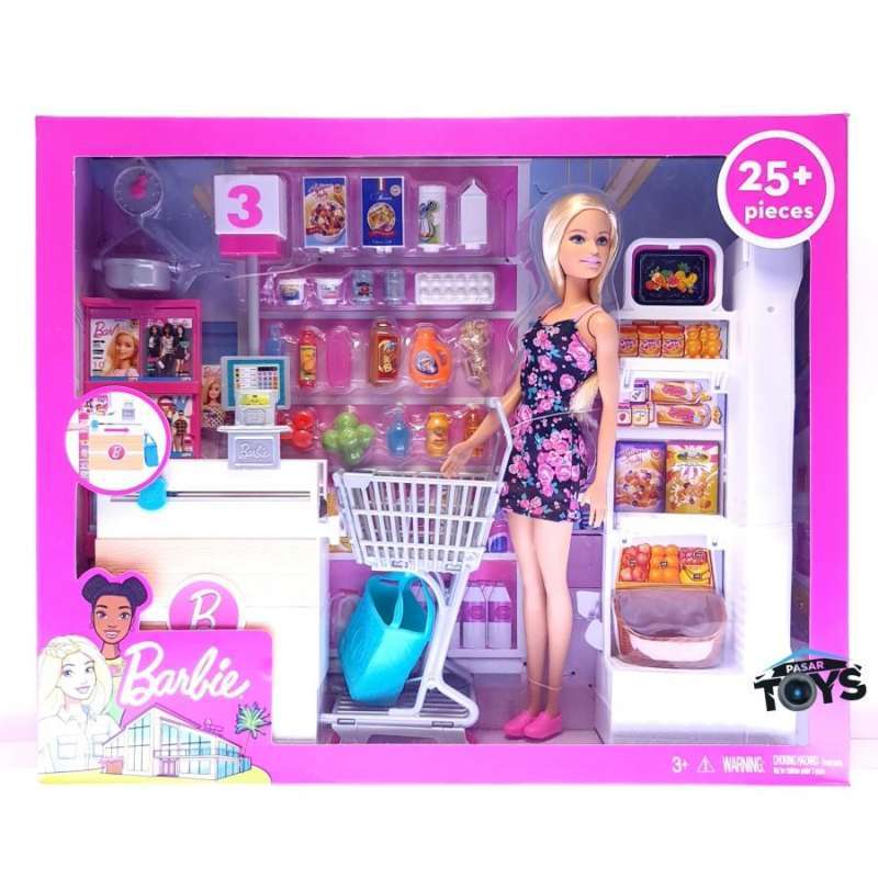 Barbie Doll, Blonde, and Grocery Store with Rolling Cart and