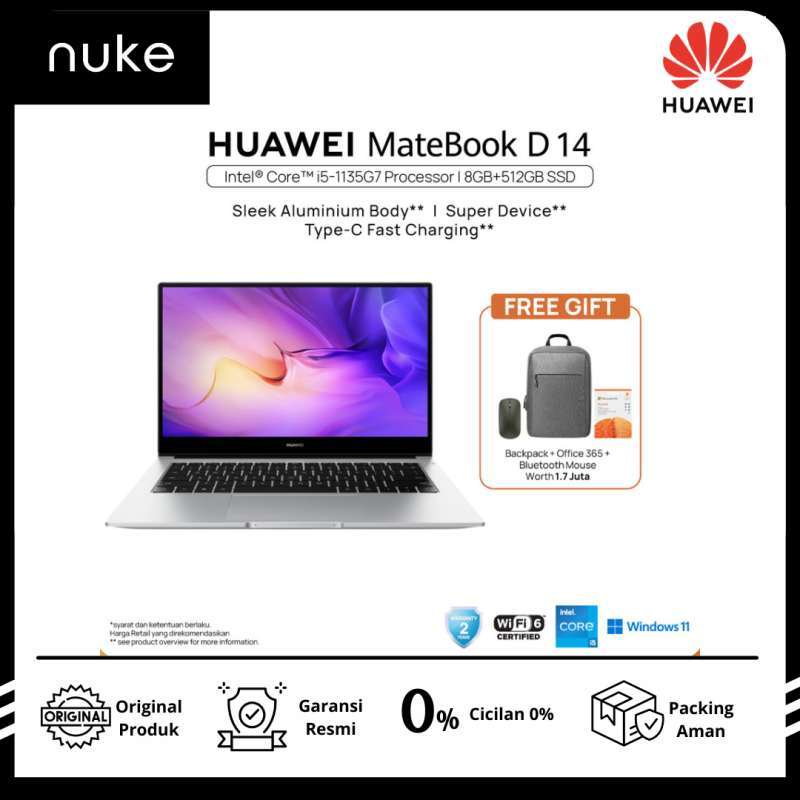 Jual HUAWEI Matebook D 14 I5-1135g7 [8+512gb] Sleek Metal Body