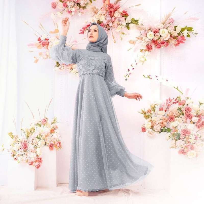 Maxi Dress Tiledot Brukat Furing Baju Maxy Modern Gaun Pesta Kondangan