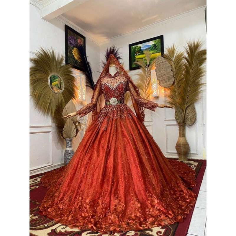 Baju pakaian gaun pengantin busana pernikahan wanita gown dress wedding muslim perempuan hijab sari syari manten warna taracota tarakota mekar ne35d