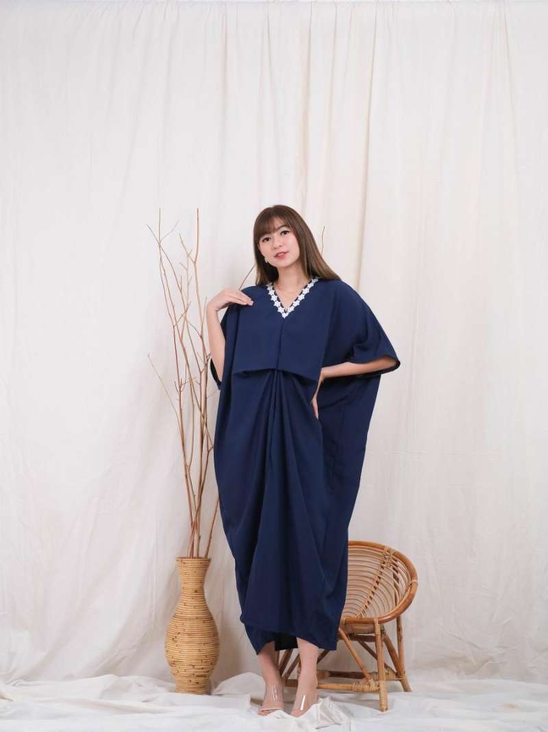 Jual EF723 LONG DRESS BATIK PREMIUM SATIN TRENDY MODERN WLP NAVY