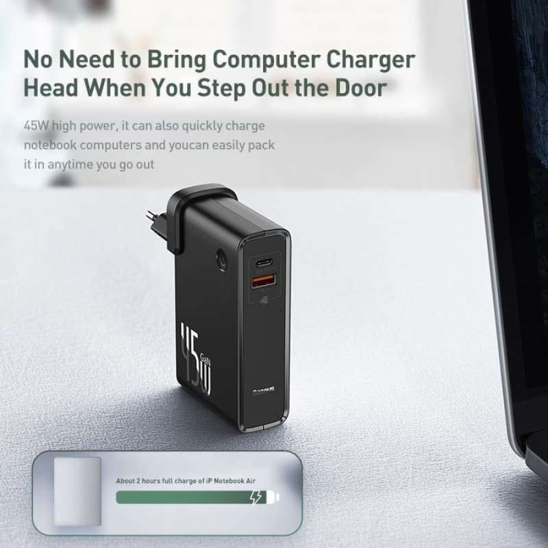 kepala charger baseus 45w 2in1 gan quick charger power bank