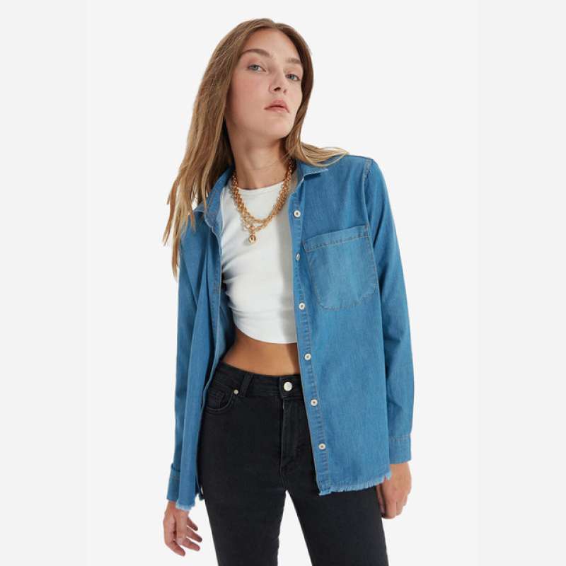 Jual Trendyol Frayed Denim Shirt Wanita 