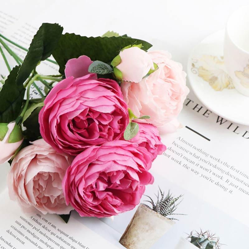 eds rose pink silk peony artificial flowers bouquet 5 big head and 4 bud fake flowers for indoor home wedding decoration 30 cm