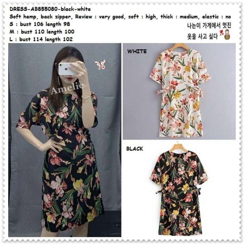 AB855080 Casual Mini Dress Bunga Wanita Korea Import Hitam Putih White