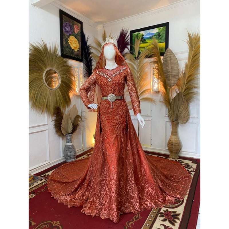 Baju pakaian gaun pengantin busana pernikahan wanita gown dress wedding dress slim span muslim perempuan hijab sari syari manten warna tarakota 2jneu