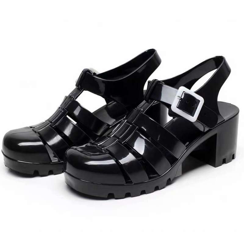 Jual Sepatu Sandalheels Kekinian Bahan Jelly Black Glossy