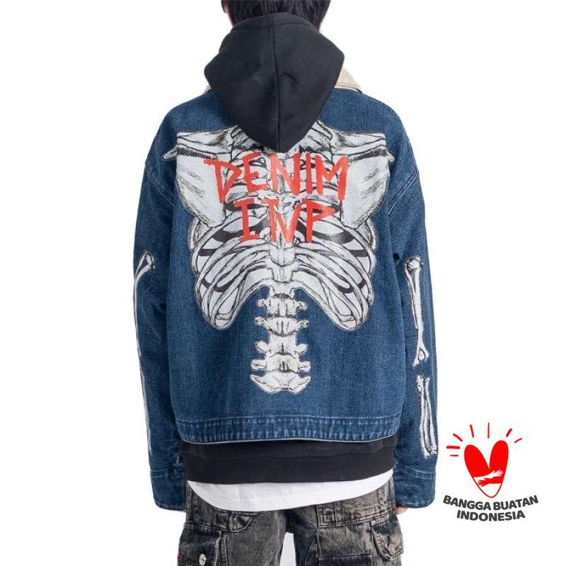Jual Dip Skull Work Denim Zip Jacket Garment Blue Jaket Jeans