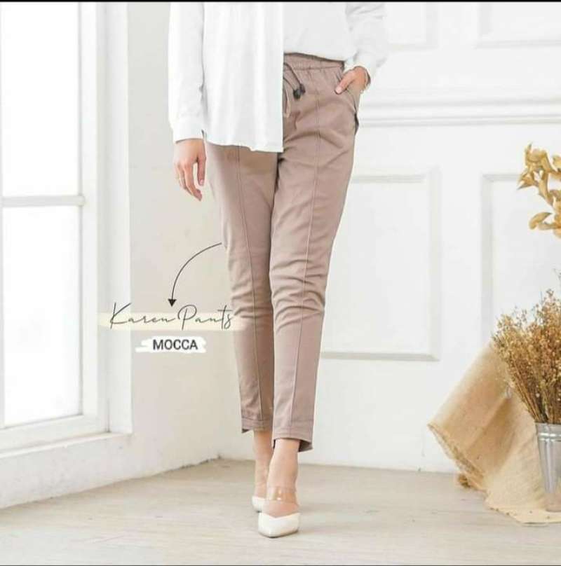 Celana Wanita baggy Pant Polos Kain Katun Twill Combed Elastis Melar