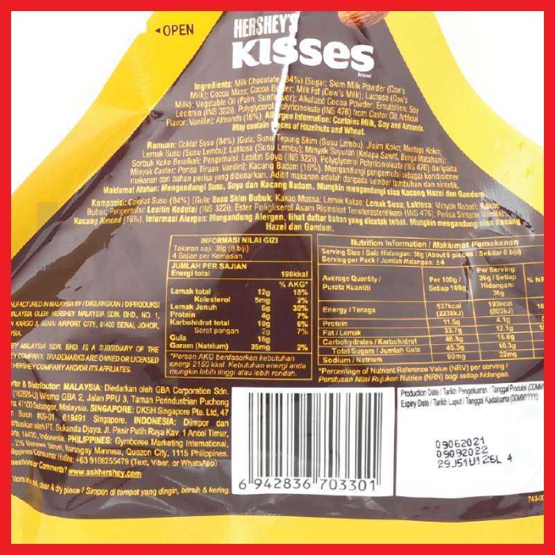 Jual HERSHEYS KISSES CREAMY MILK CHOCOLATE WITH ALMONDS 146GR ...