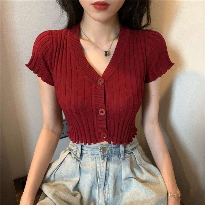 Promo Joana Crop Button Wanita Korean Lettuce Vneck Atasan