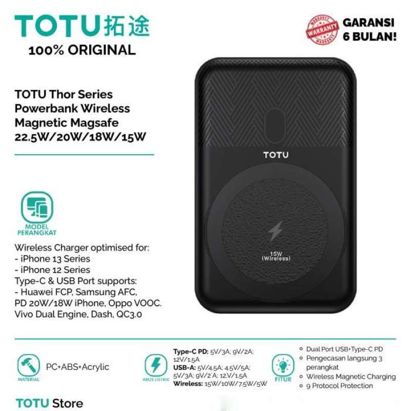 TOTU Powerbank 10000mAh Wireless Magsafe Magnetic 20W PD Fast Charging  Hitam