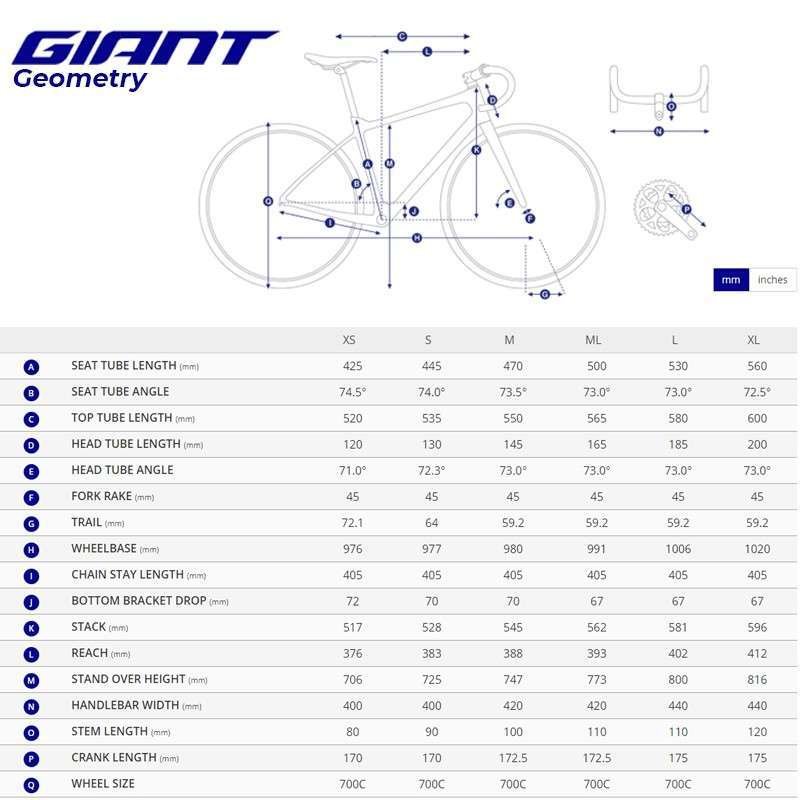 Giant tcr road bike size sale chart