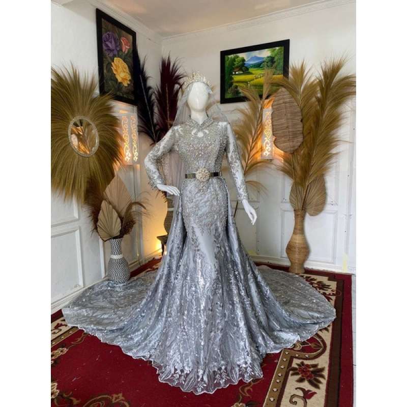 Promo Baju Pakaian Gaun Pengantin Busana Pernikahan Wanita Gown Dress Wedding Dress Slim Span Muslim Perempuan Hijab Syari Manten Warna Silver Abu 3r4ujhr Diskon 10 Di Seller Busana Indah Jaya 2