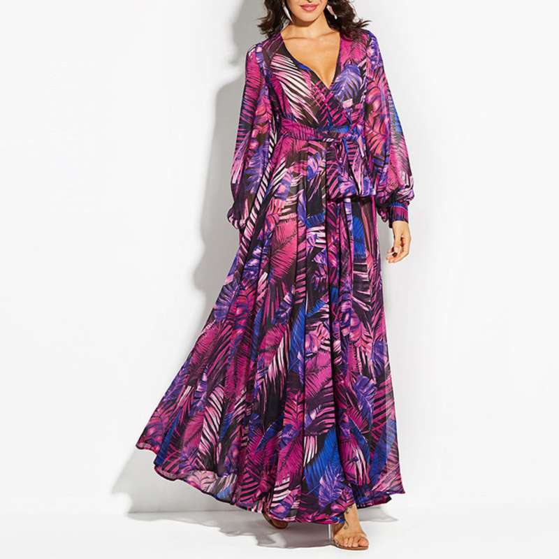 Promo Women Leaves Print V Neck Long 