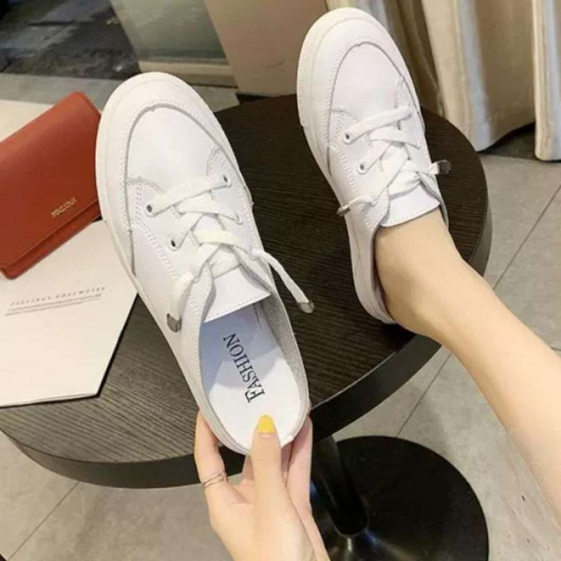 Promo SEPATU SANDAL SELOP WANITA WHITE SNEAKERS POLOS PUTIH IMPORT