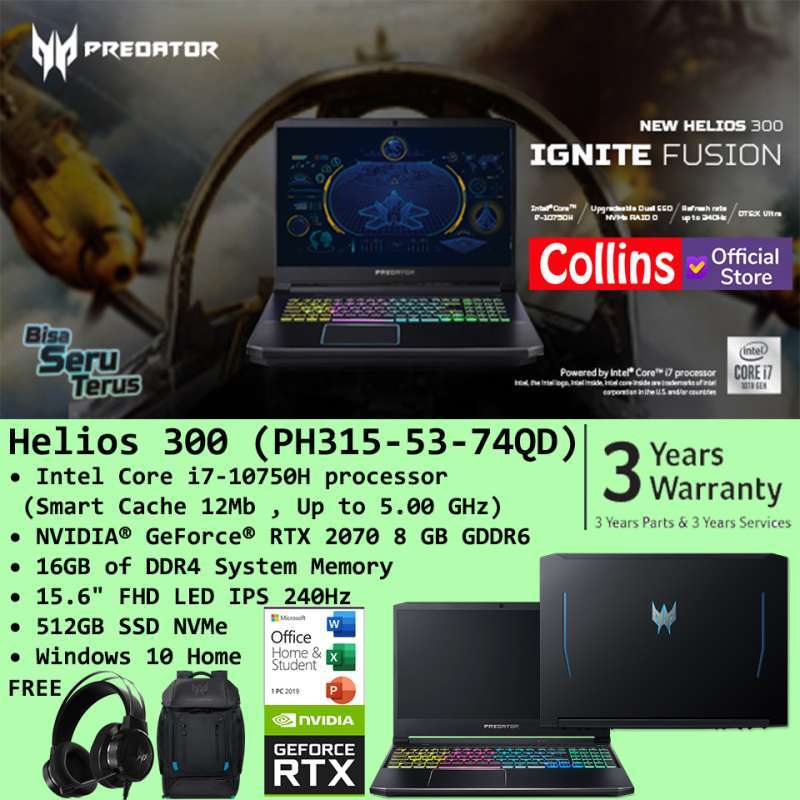 Jual Acer Predator Helios 300 I7 h 16gb 512gb Rtx70 15 6 240hz W10 Terbaru Juni 21 Blibli