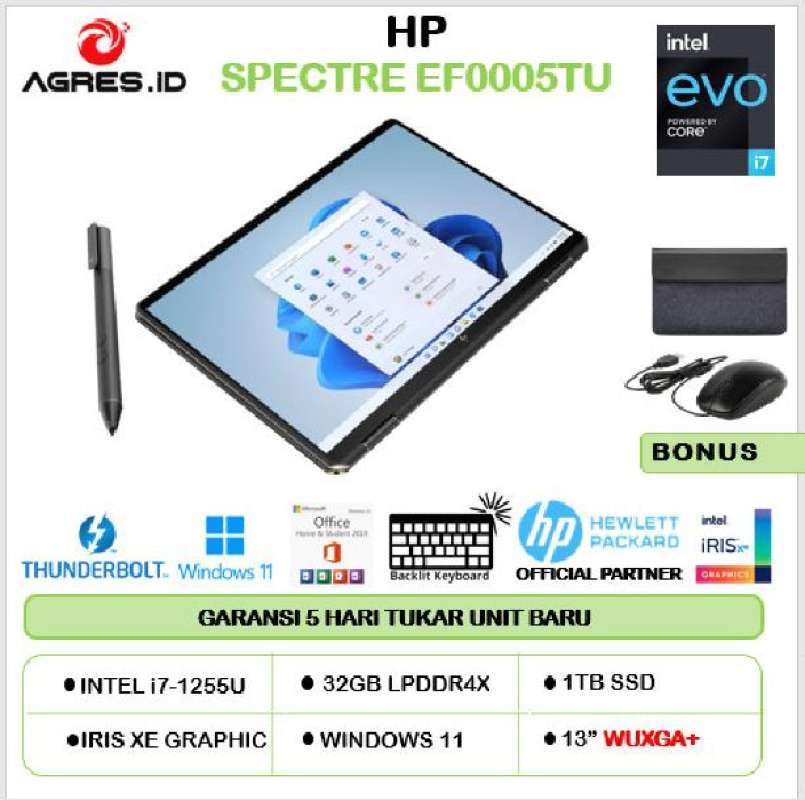 HP SPECTRE X360 14 EF0005TU TOUCH I7 1255U 32GB 1TBSSD IRISXE  W11+OHS BLIT PEN 2IN1 BLK