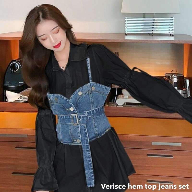 Promo Premium Verisce hem top jeans set 