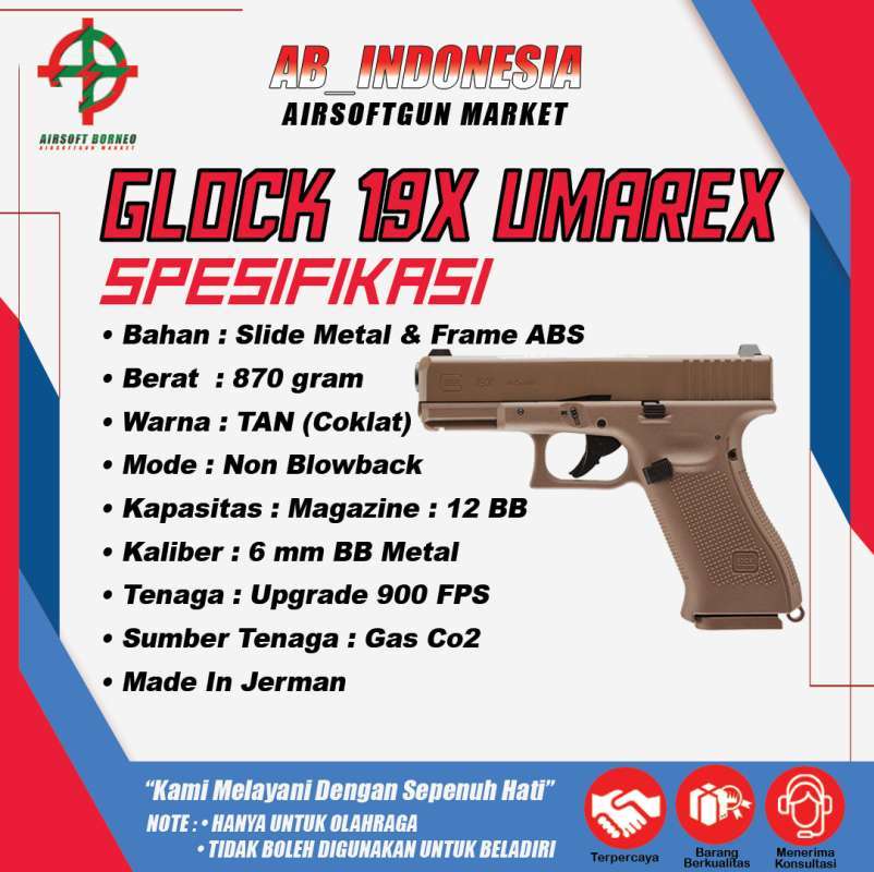 Jual GLOCK 19X UMAREX TAN UPGRADE BONUS GAS 5 BOTOL DAN GOTRI ...