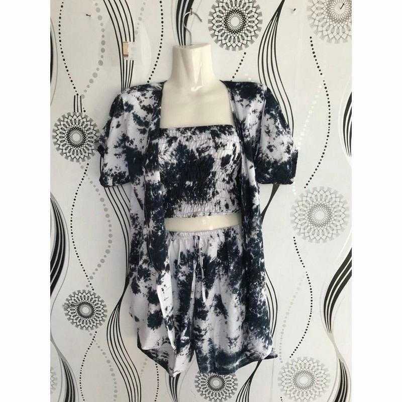 One set tie dye setelan 3 in 1 kemben celana pendek cardigan rayon