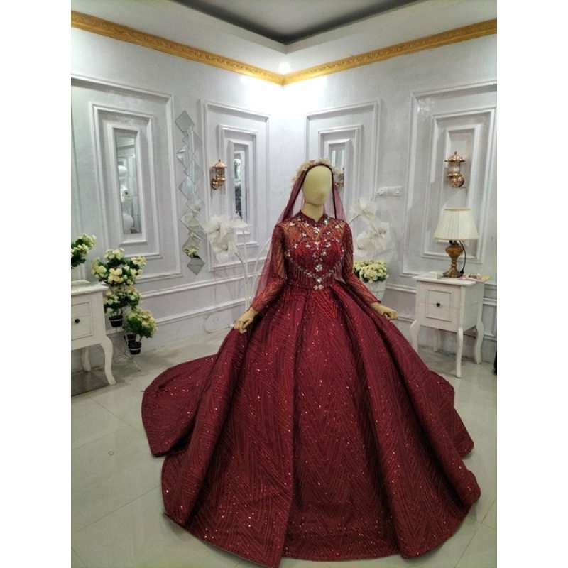 Promo Baju Pakaian Gaun Pengantin Busana Pernikahan Wanita Gown Dress Wedding Dress Muslim Perempuan Hijab Syari Warna Merah Marun Payet Diskon 8 Di Seller Busana Indah Jaya 2 Kampung Bali Kota