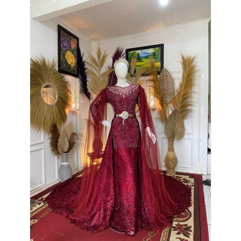 Baju pakaian gaun pengantin busana pernikahan wanita gown dress wedding slim span muslim perempuan hijab sari syari manten warna merah marun 3ebcv