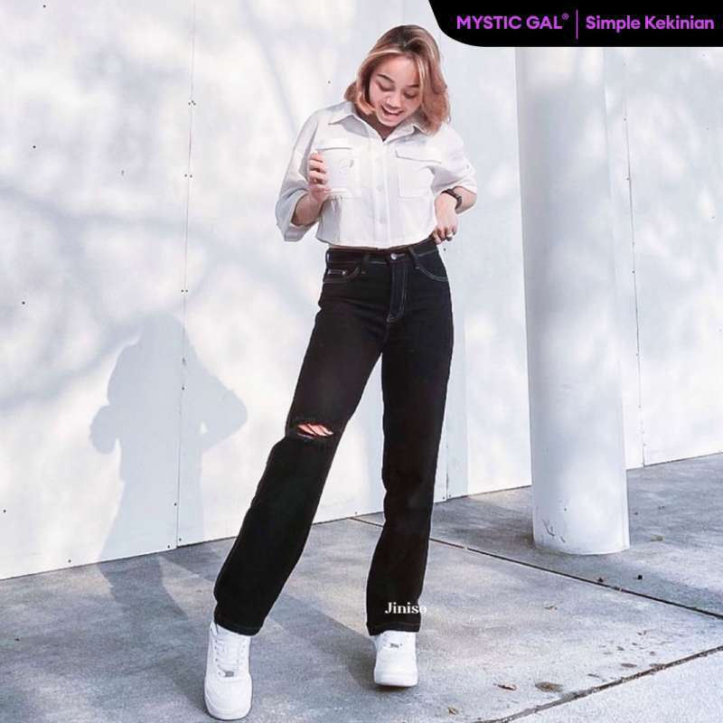 Promo JINISO Highwaist Loose Ripped Jeans Black Oreo 850 MYSTIC