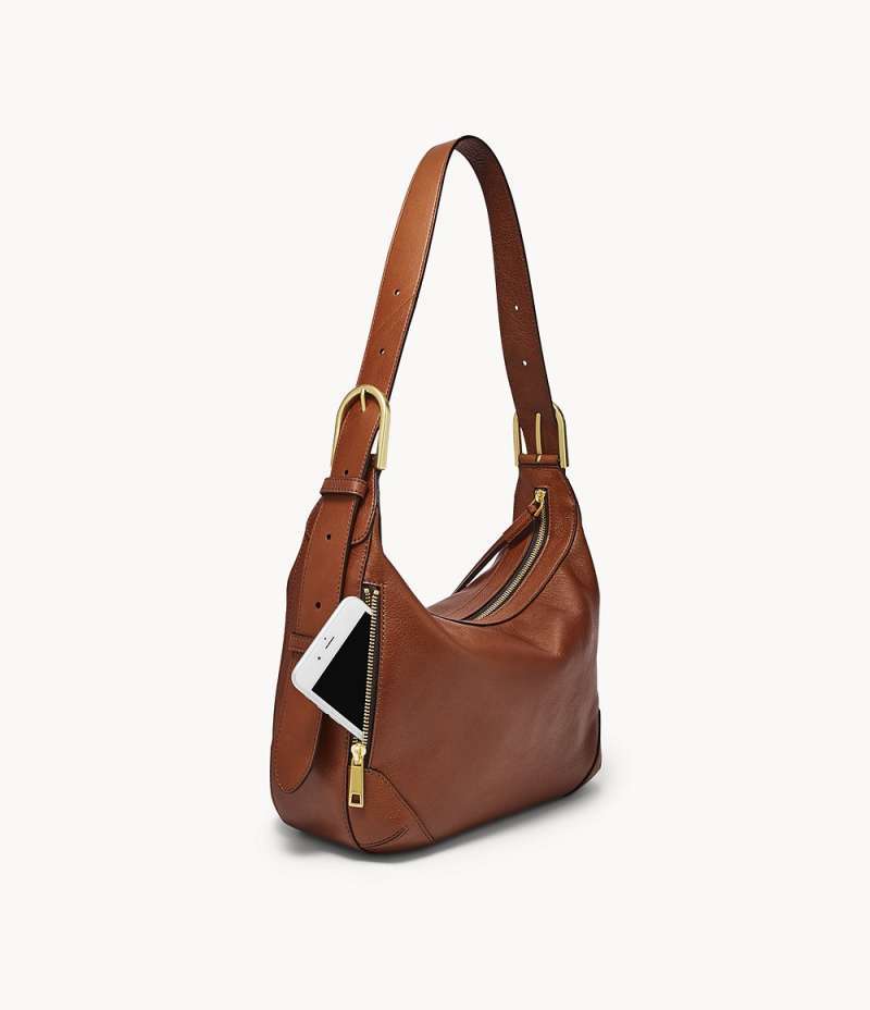 Promo Fossil Hannah Hobo Brown Leather 