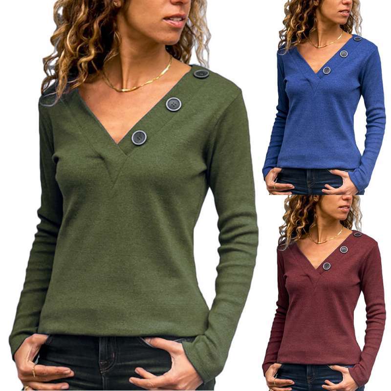 Promo Bluelans Women Solid Color V Neck 