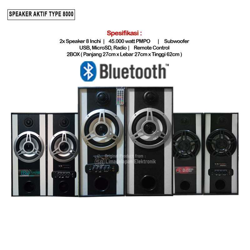 Mesin Speaker Aktif Bluetooth 8 Inch dengan Double Subwoofer 45000 Watt, USB & Micro SD Player, Ideal untuk Musik, Karaoke, Meeting, dan Cafe