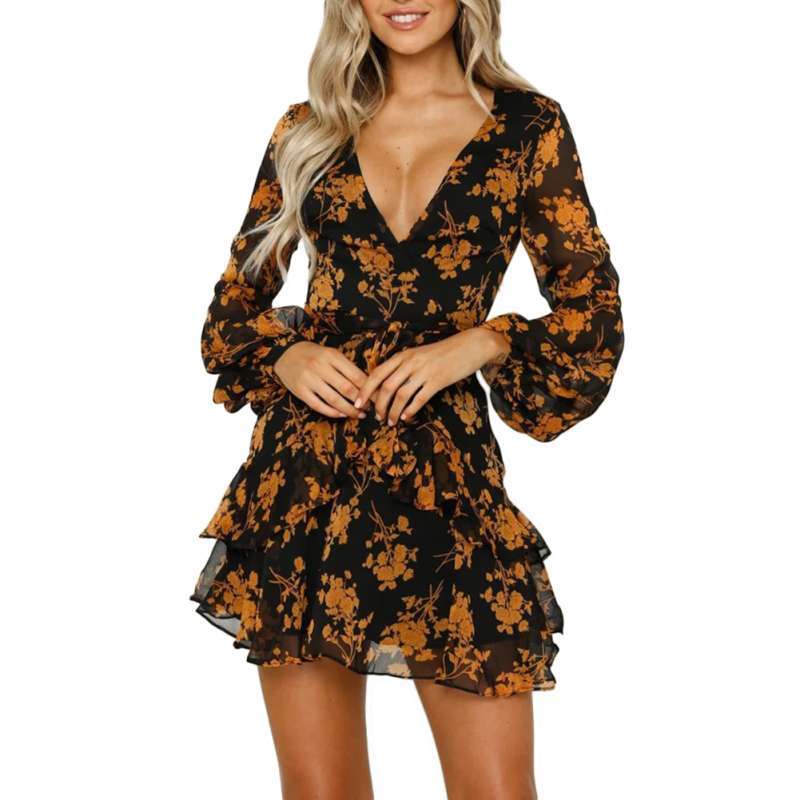 V Neck Long Sleeve Chiffon Mini Dress 
